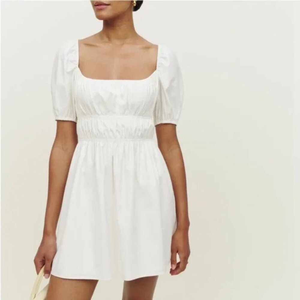 NWT Reformation Woods Cotton Mini Dress White size Large Square Neck Puff Sleeve